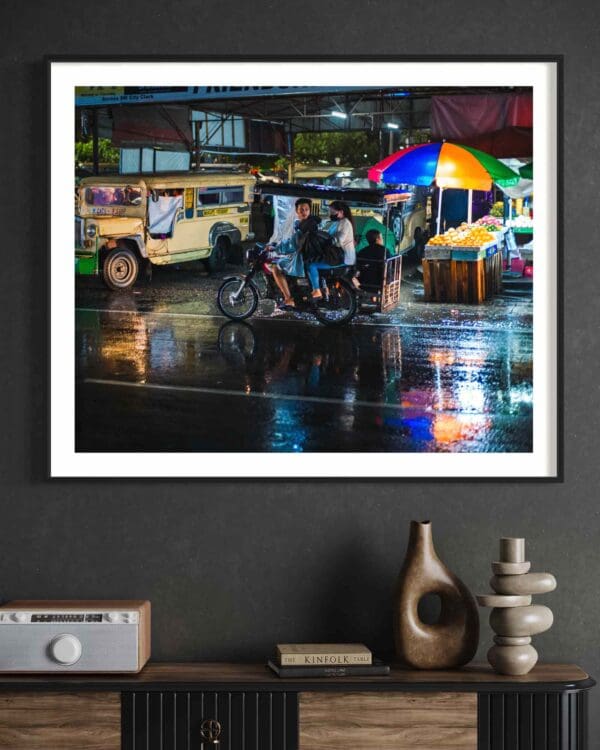 color print of a rainy night scene in the Philippines