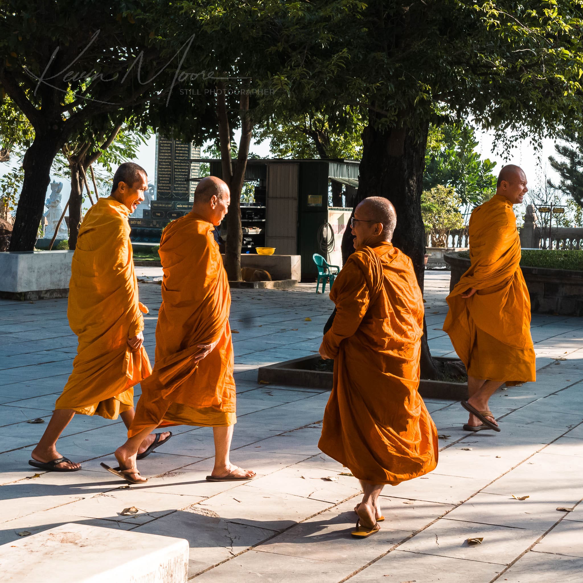 Buddhist monks in saffron robes walking in serene outdoor religious site during golden hour.