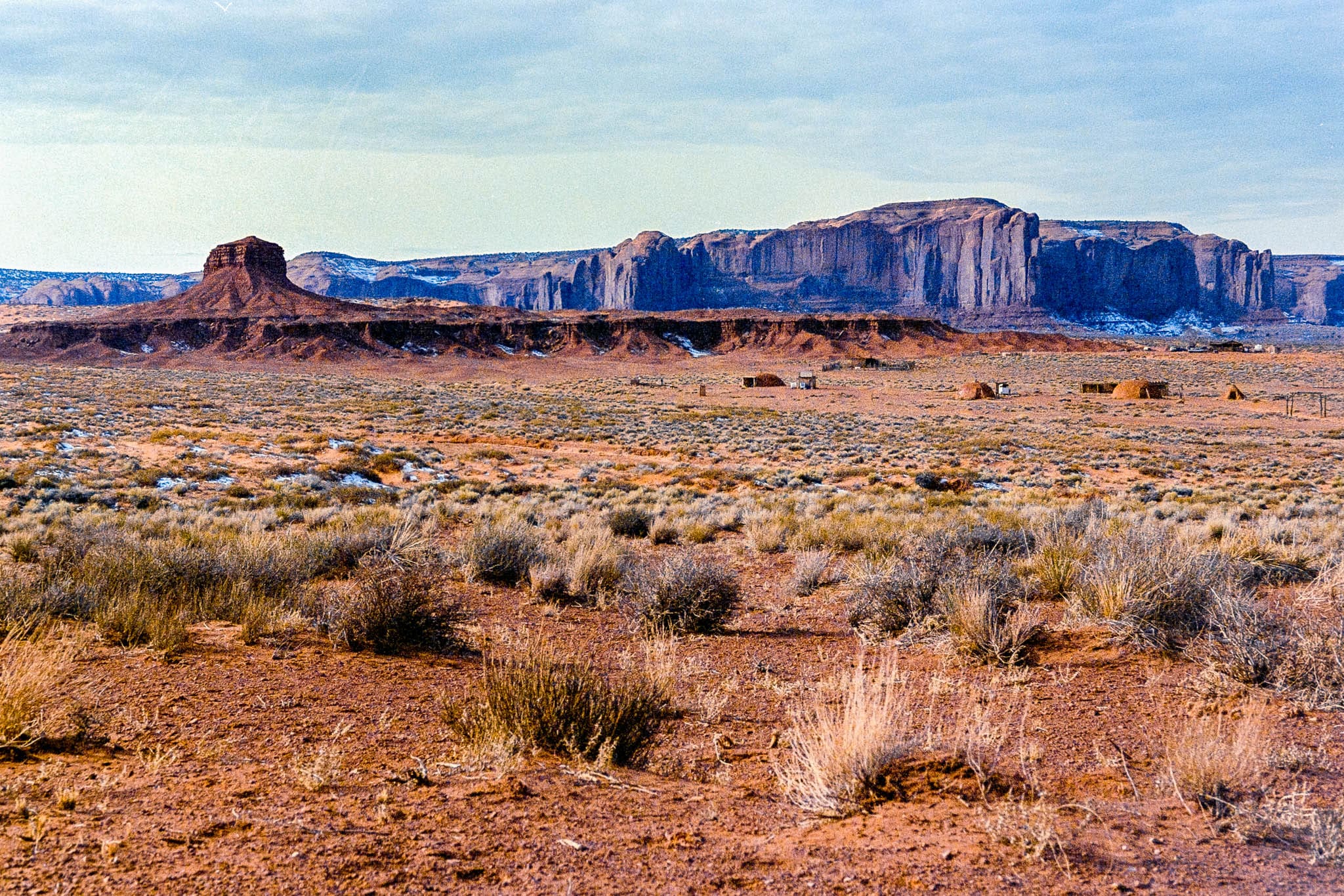Serene yet harsh beauty of a desert landscape with dry vegetation and striking rock formations.