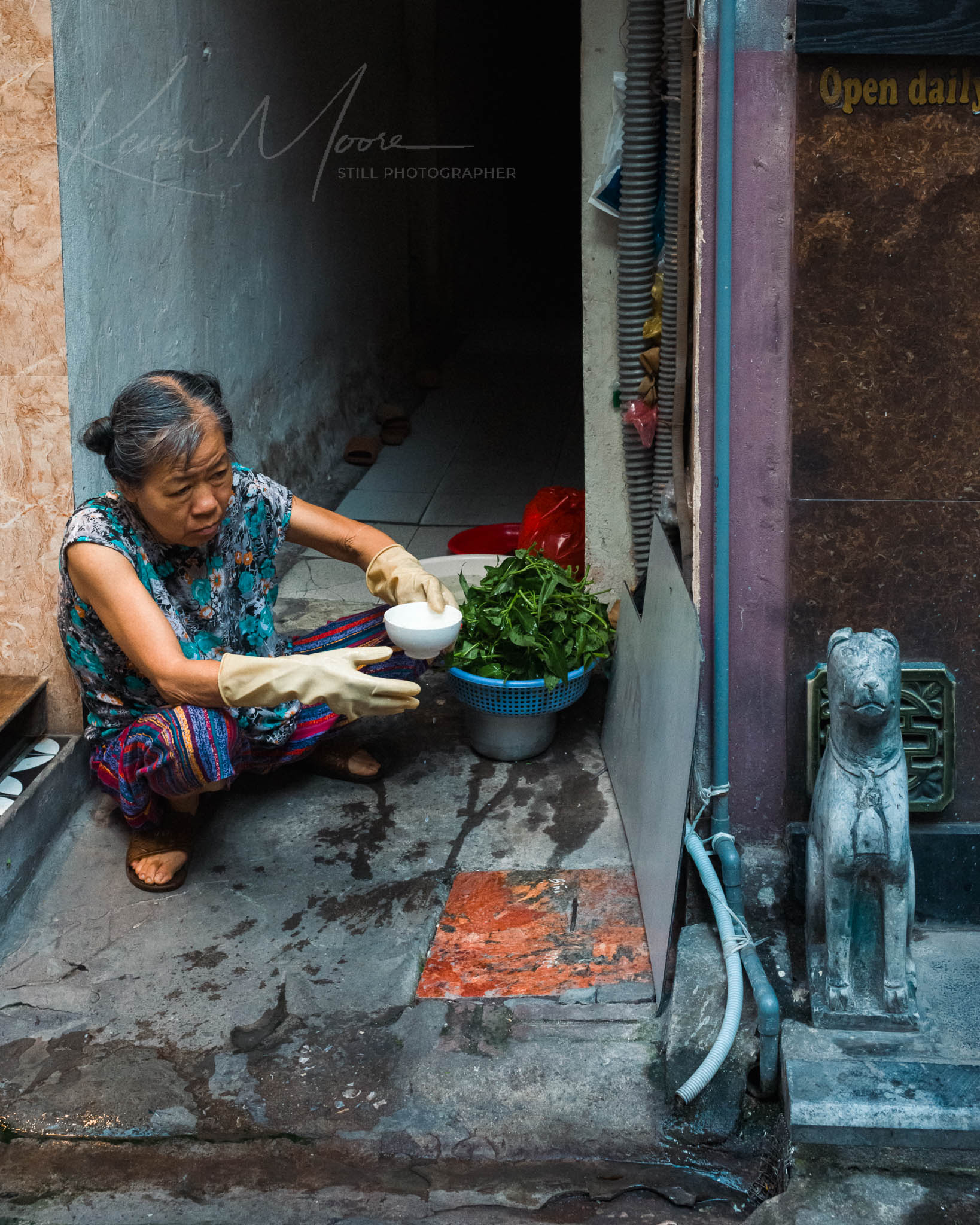 Vietnamese woman in traditional attire preparing vegetables in a rustic setting.
