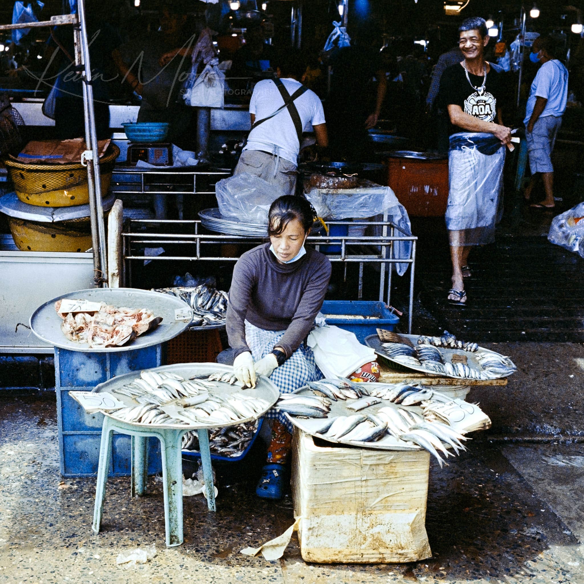 Southeast Asian market scene with woman vendor selling assorted fresh seafood