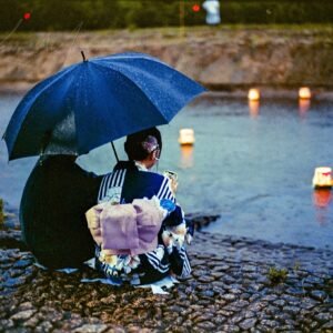Serene Japan Aesthetic Wall Art featuring a couple in yukata watching floating lanterns at a Japanese festival in the rain