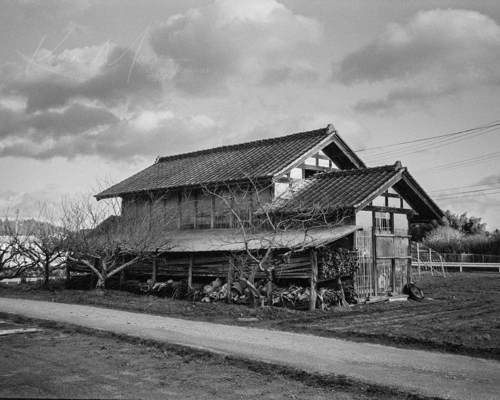 Rustic Japanese House Black and White Photography Print – Historic Farmhouse in Iwaki, Japan