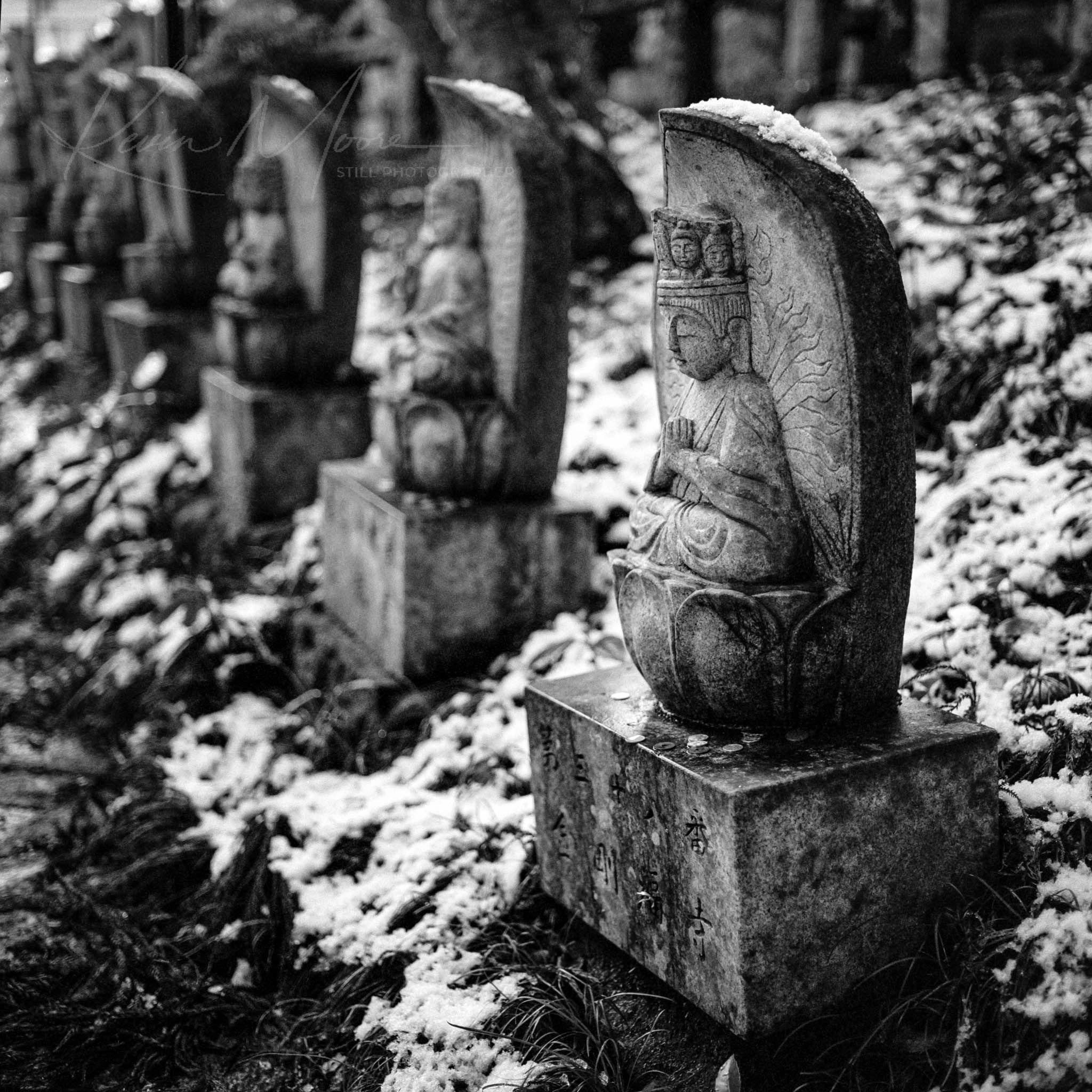 Buddhist-inspired stone figures in serene, snow-dusted outdoor setting, captured in black and white.