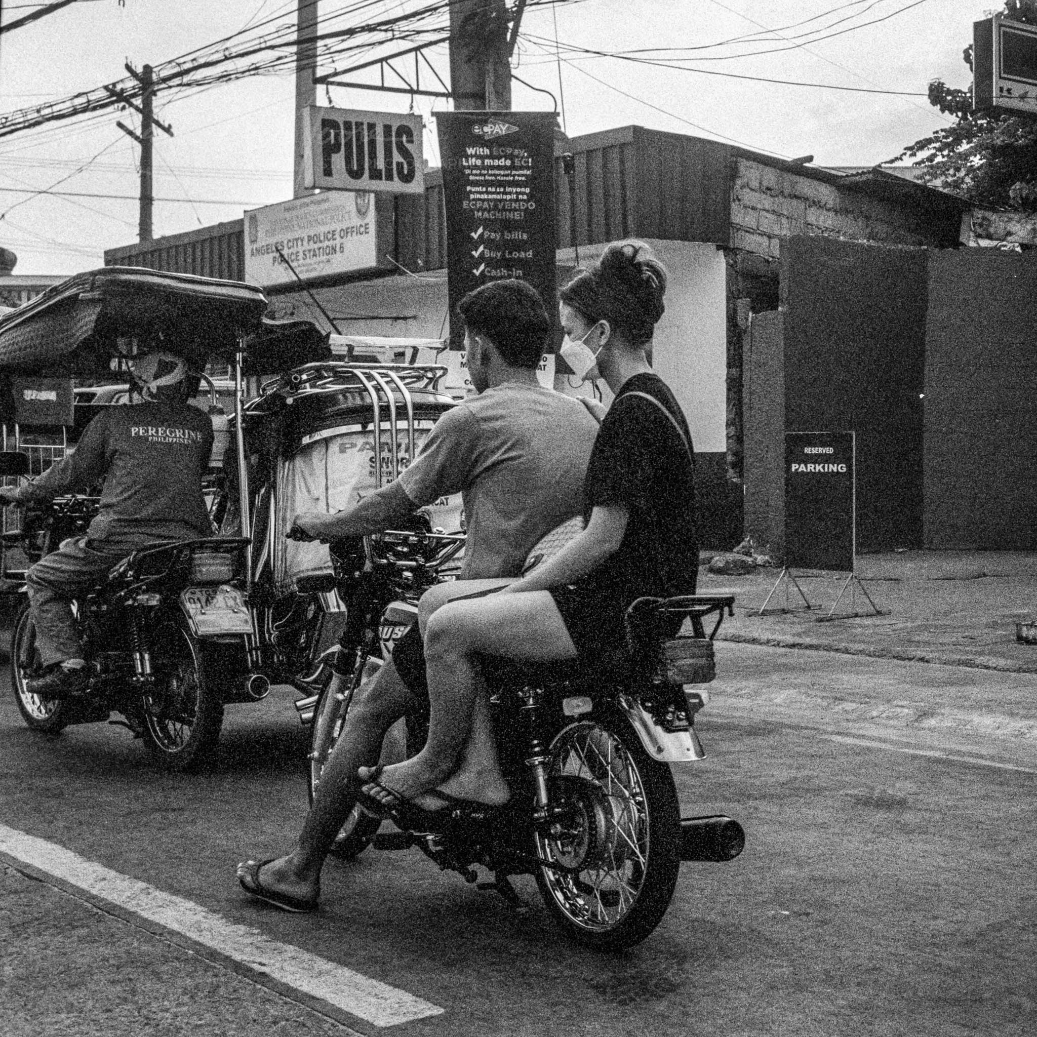 Street Scene with Motorbike and Tricycle in Philippines, Black and White Photography