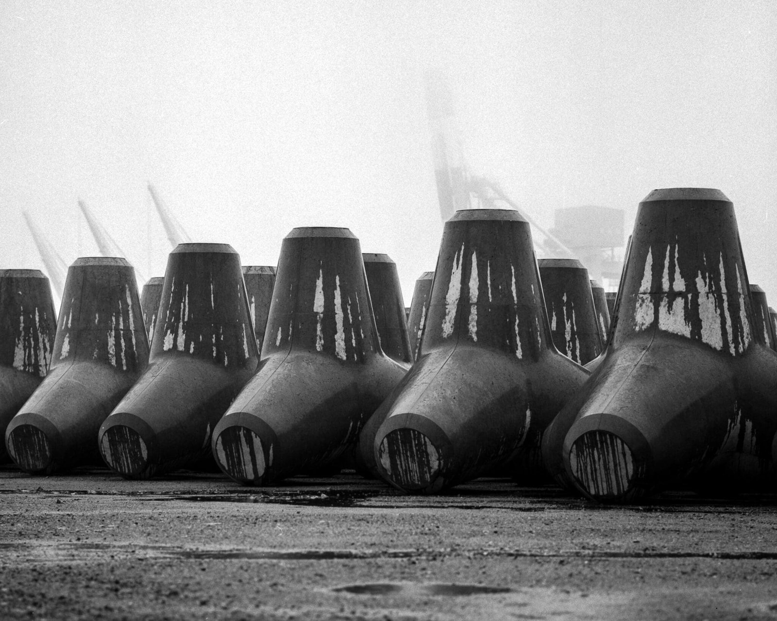 Fine art black and white print of stored tetrapods at Onahama Port, Japan
