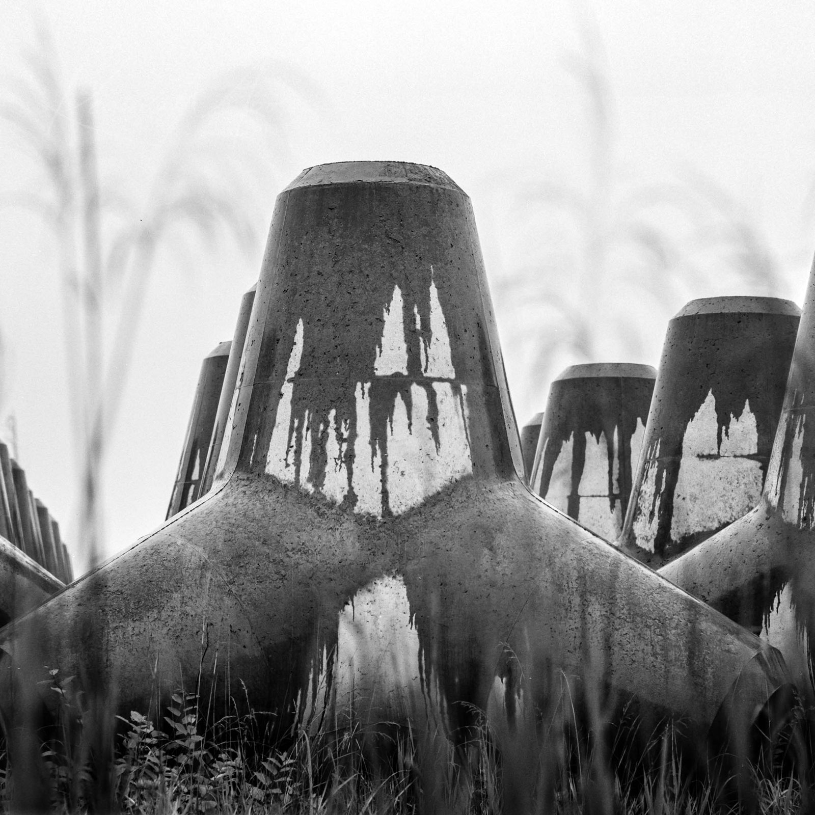 Fine art black and white print of tetrapod at Onahama Port in rain